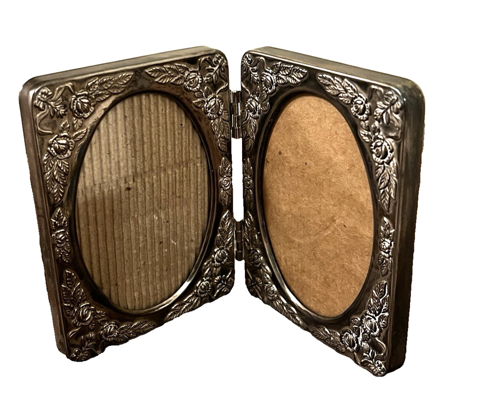 Vintage Silver Plate Double Picture Frame Repousse Floral Design 4" x 3" Each
